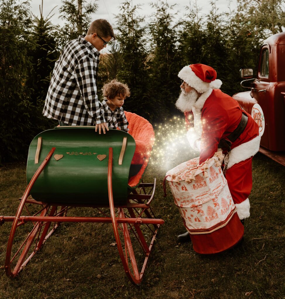 santa showing children magic coming out of his toy bag